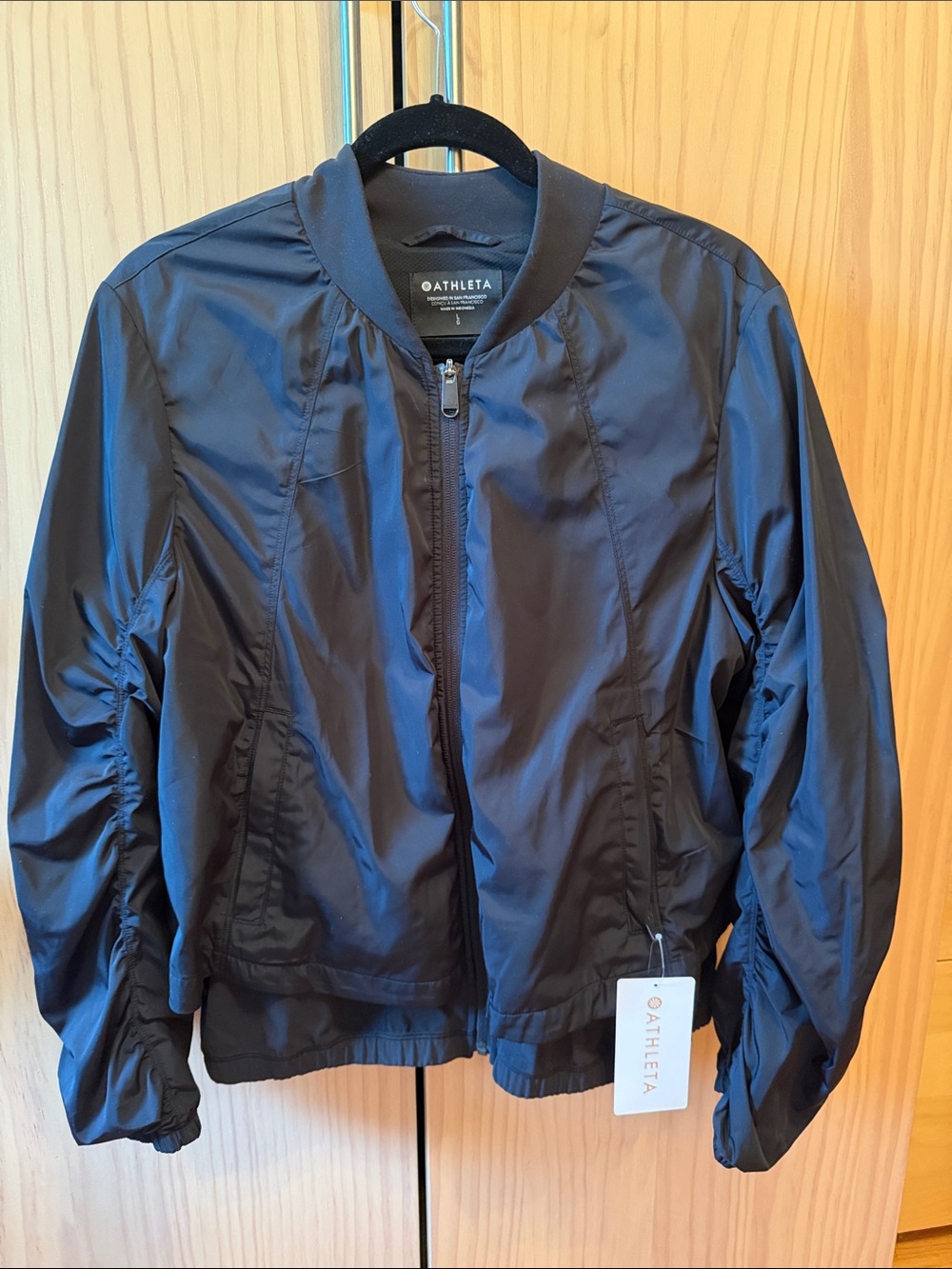 Athleta Wayfarer Black Bomber Jacket with Ruched Sleeves